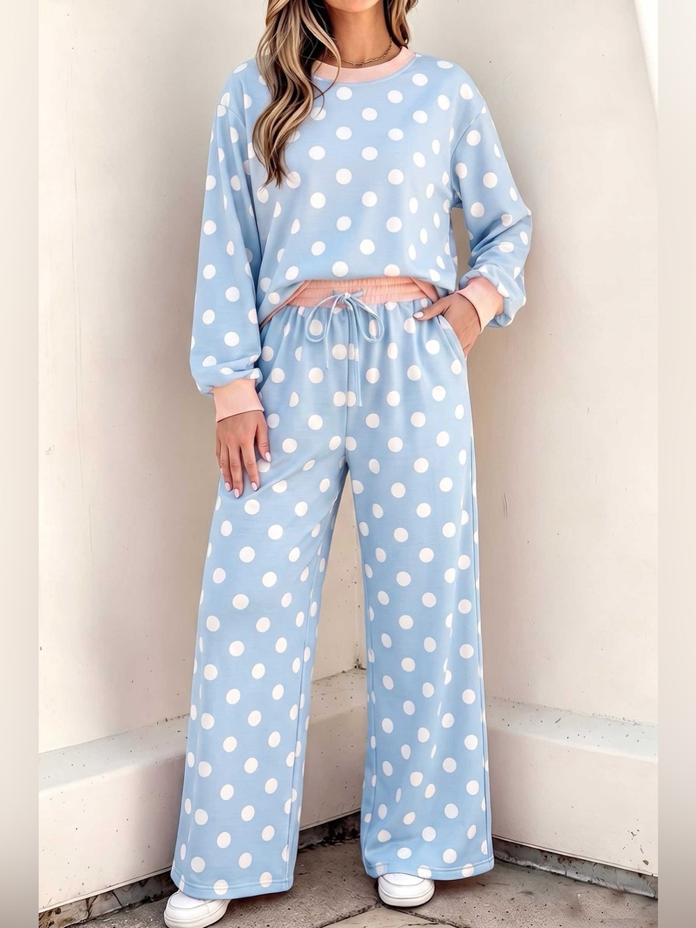 Polka Dot Contrast Trim Long Sleeve Top Drawstring Shift Pants Set